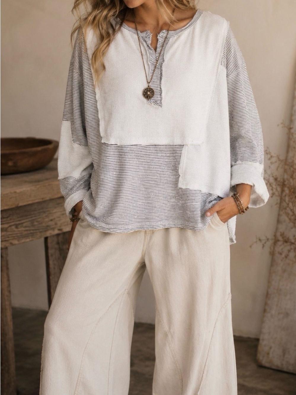 POL Mixed Media Thermal Knit Top Striped Waffle Raw Hem Oversized Boho Tunic Med